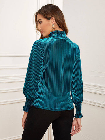 Velvet Frill Trim Shirred Cuff Blouse