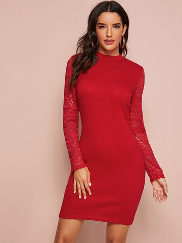 Panel Lace Sleeve Fitted Jumper Dress