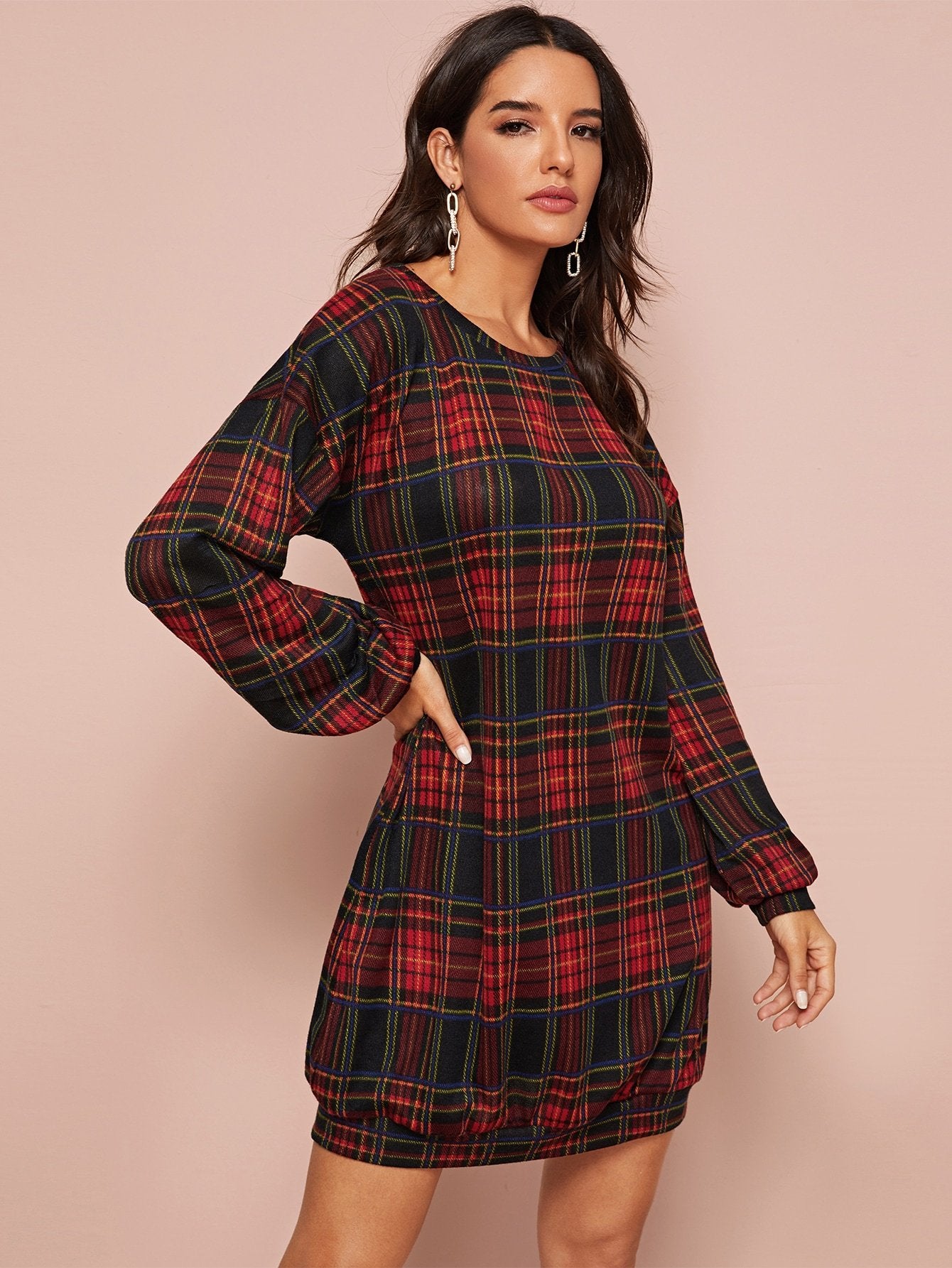 Tartan Print Bishop Sleeve Sweatshirt Dress