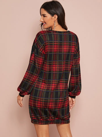 Tartan Print Bishop Sleeve Sweatshirt Dress