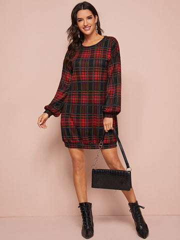 Tartan Print Bishop Sleeve Sweatshirt Dress