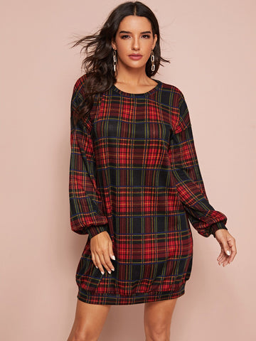 Tartan Print Bishop Sleeve Sweatshirt Dress