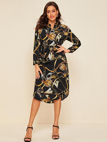 Notched Chain Print Belted Shirt Dress