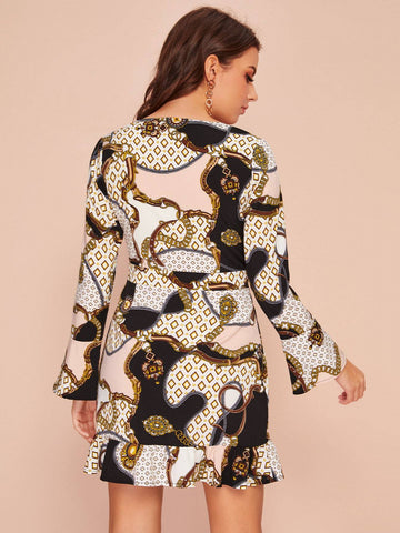 Chain Print Wrap Front Dress