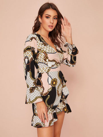 Chain Print Wrap Front Dress