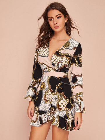 Chain Print Wrap Front Dress