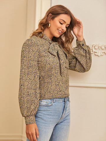 Dalmatian Print Tie Neck Blouse