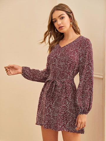 Dalmatian Print V-neck Belted Dress