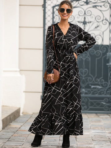 Geo Print Wrap Front Belted Dress