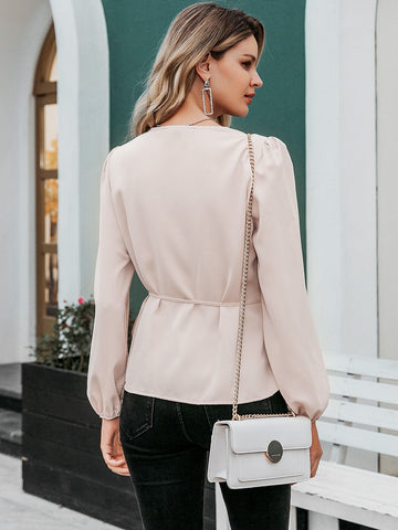 Simplee Scallop Trim Wrap Knot Peplum Blouse