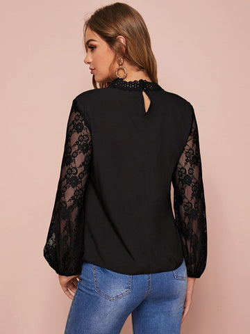 Contrast Lace Pleated Hem Keyhole Back Blouse