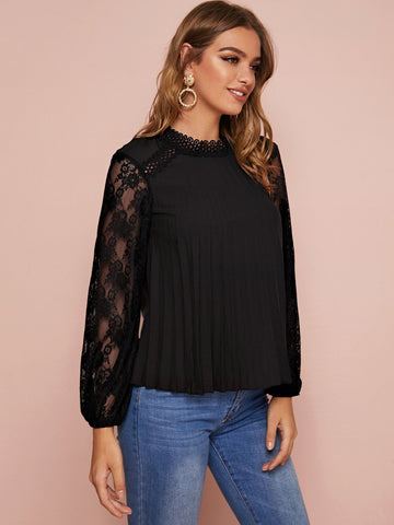Contrast Lace Pleated Hem Keyhole Back Blouse