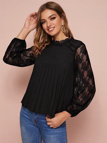 Contrast Lace Pleated Hem Keyhole Back Blouse
