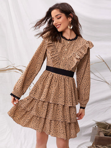 Polka Dot Ruffle Trim Layered Hem Dress