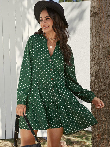 Polka Dot Button Front Babydoll Dress