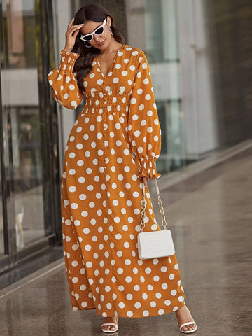 Polka Dot V-Neck Shirred Maxi Dress