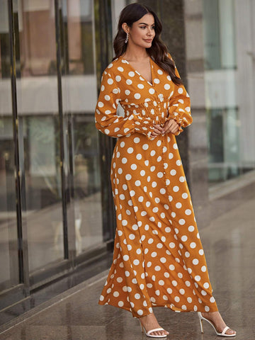 Polka Dot V-Neck Shirred Maxi Dress
