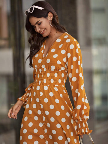 Polka Dot V-Neck Shirred Maxi Dress