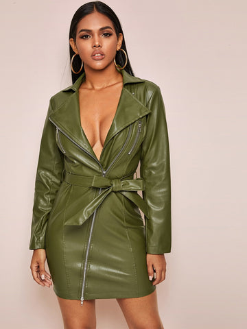 Zip Up Belted Faux Leather Biker Dress