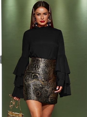 Flounce Sleeve Frilled Neckline Top