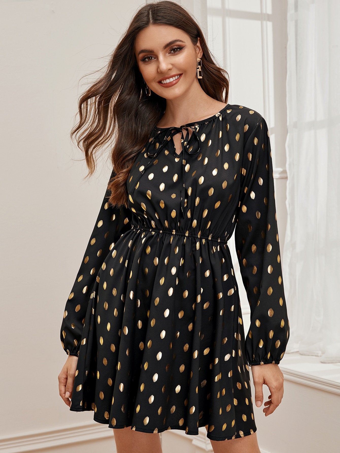 Knot Front Polka Dot A-line Dress