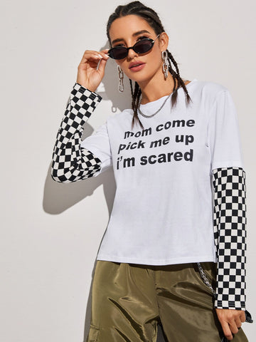 Slogan Graphic Contrast Checker Sleeve Tee
