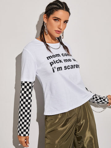 Slogan Graphic Contrast Checker Sleeve Tee
