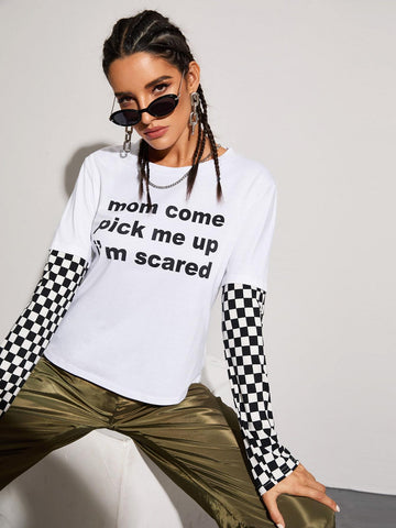 Slogan Graphic Contrast Checker Sleeve Tee