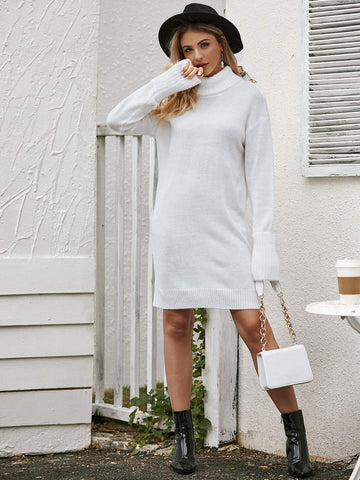 Fuzzy Panel Turtleneck Solid Jumper Dress