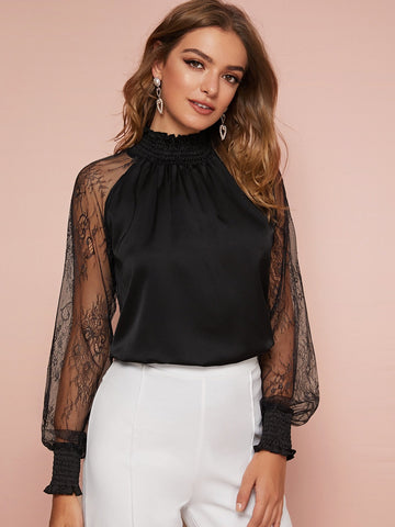 Contrast Mesh Mock Neck Satin Blouse