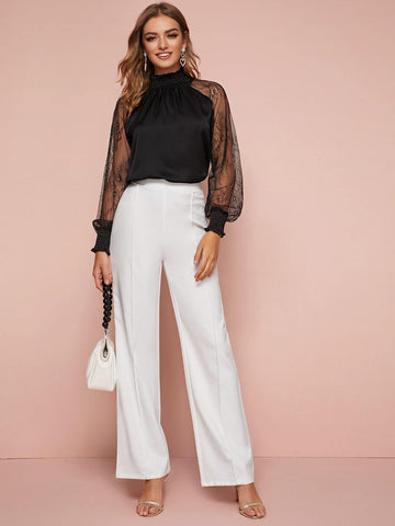 Contrast Mesh Mock Neck Satin Blouse