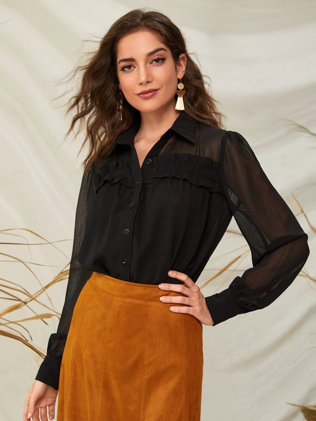 Button Through Lettuce Frill Sheer Blouse