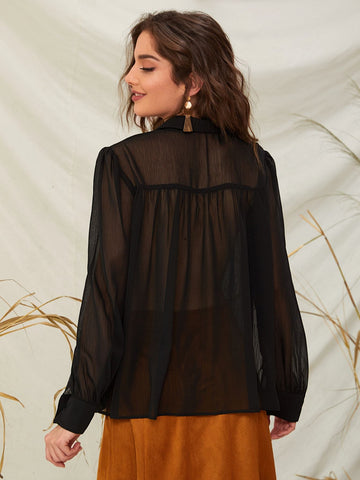 Button Through Lettuce Frill Sheer Blouse