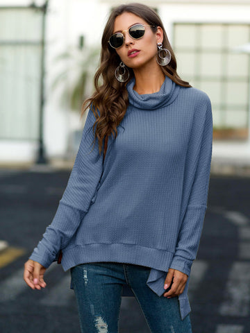 Cowl Neck Waffle Knit Solid Jumper