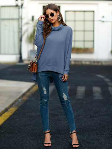 Cowl Neck Waffle Knit Solid Jumper