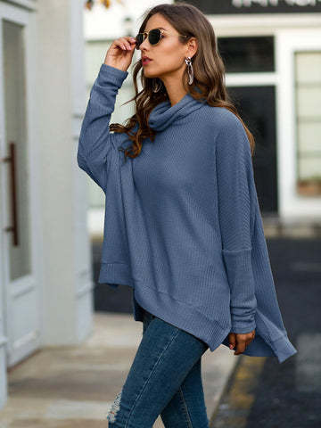 Cowl Neck Waffle Knit Solid Jumper
