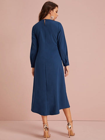 Keyhole Back Tie Front Pearls Detail Wrap Dress