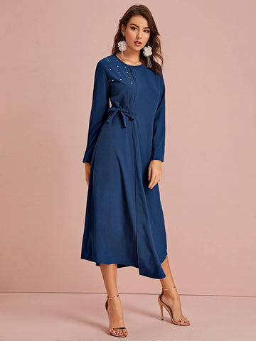Keyhole Back Tie Front Pearls Detail Wrap Dress