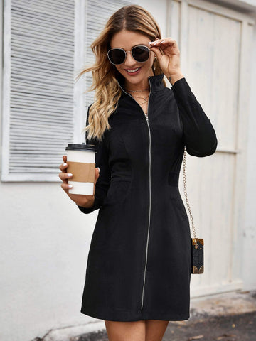 Solid Zip Up Corduroy Dress