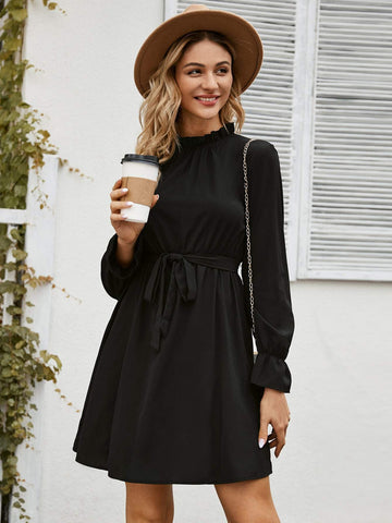 Solid Mock Neck Flounce Sleeve Belted Dress