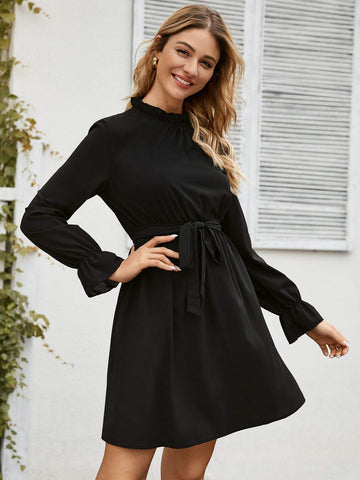 Solid Mock Neck Flounce Sleeve Belted Dress