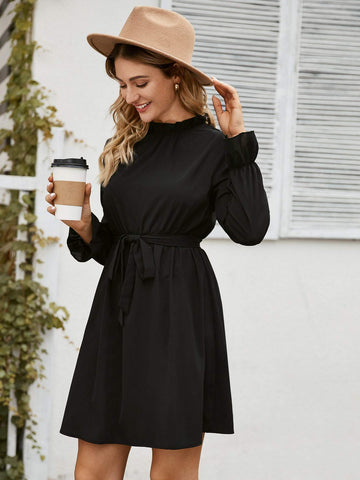 Solid Mock Neck Flounce Sleeve Belted Dress