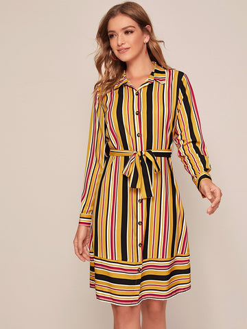 Vertical Striped Belted Shirt Dress