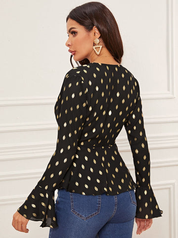 All Over Print Flounce Sleeve Wrap Knotted Peplum Blouse