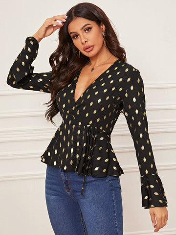 All Over Print Flounce Sleeve Wrap Knotted Peplum Blouse