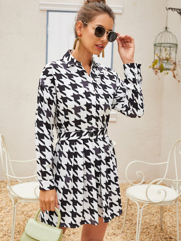 Houndstooth Print Button Through Belted Shirt Dress