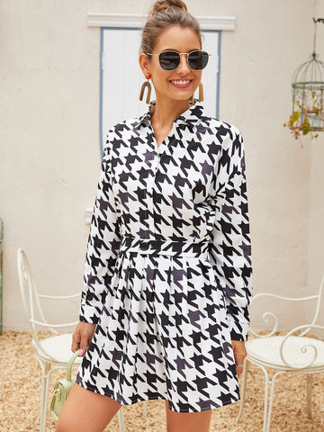 Houndstooth Print Button Through Belted Shirt Dress