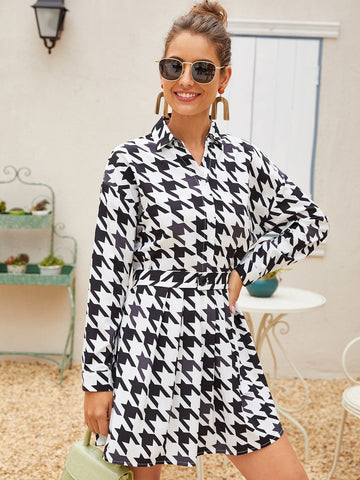 Houndstooth Print Button Through Belted Shirt Dress