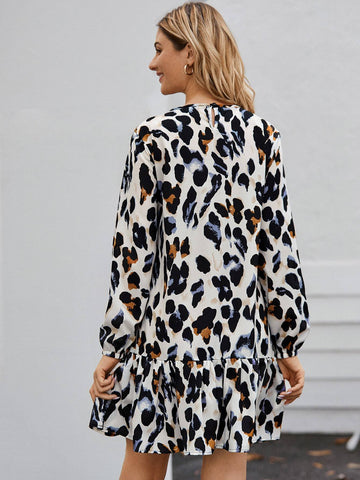 Keyhole Back Graphic Print Ruffle Hem Smock Dress