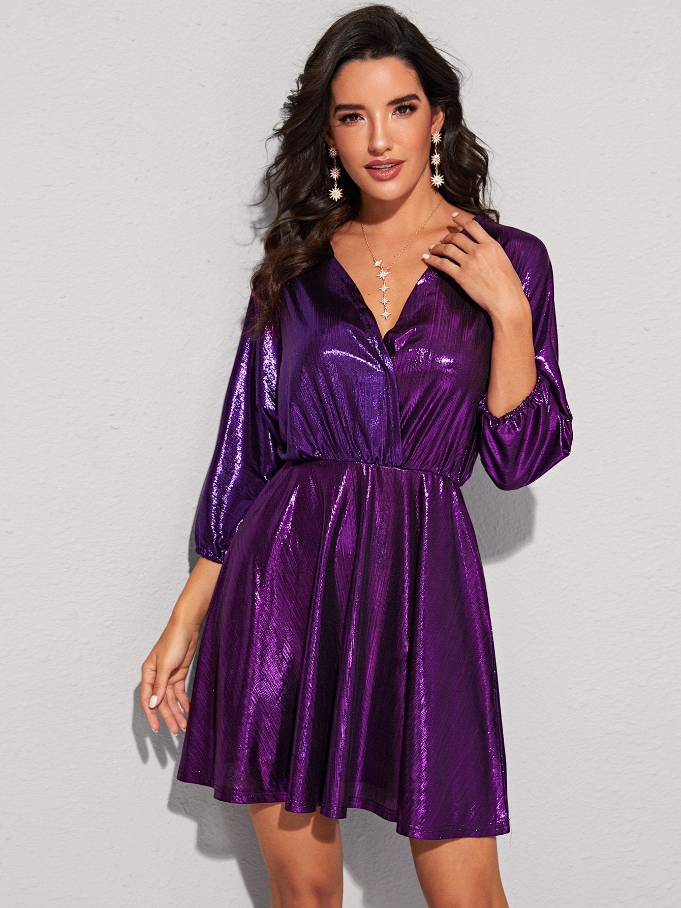 Metallic Wrap Front Flare Hem Dress